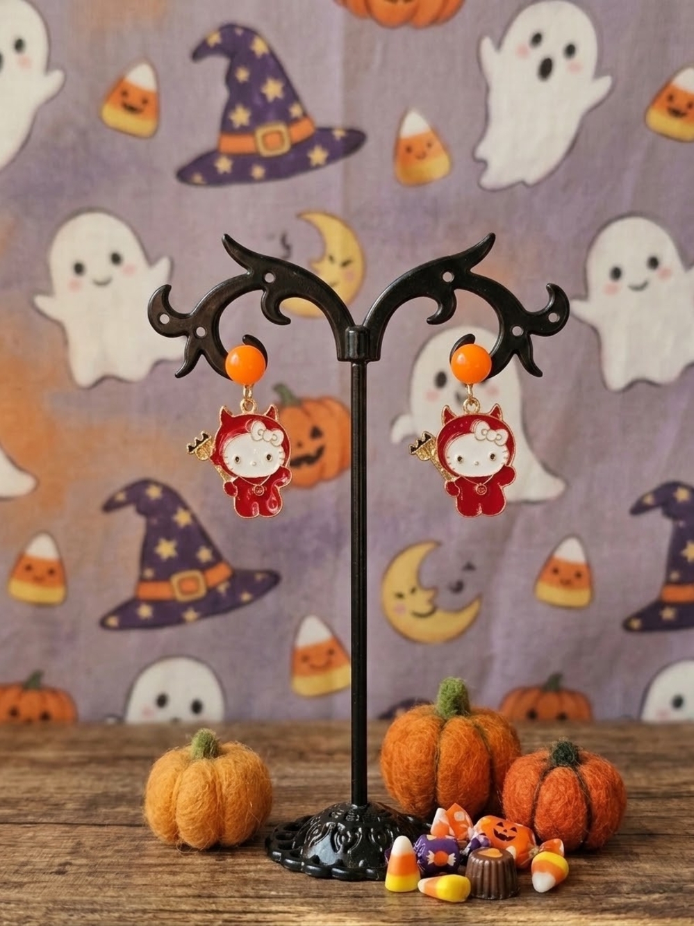 Hello Kitty Enamel Devil Costume Halloween Stud Drop Earrings
